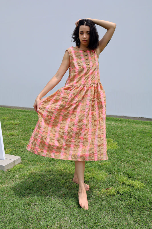 Andi Dress in Neon Pink & Toffee Plaid