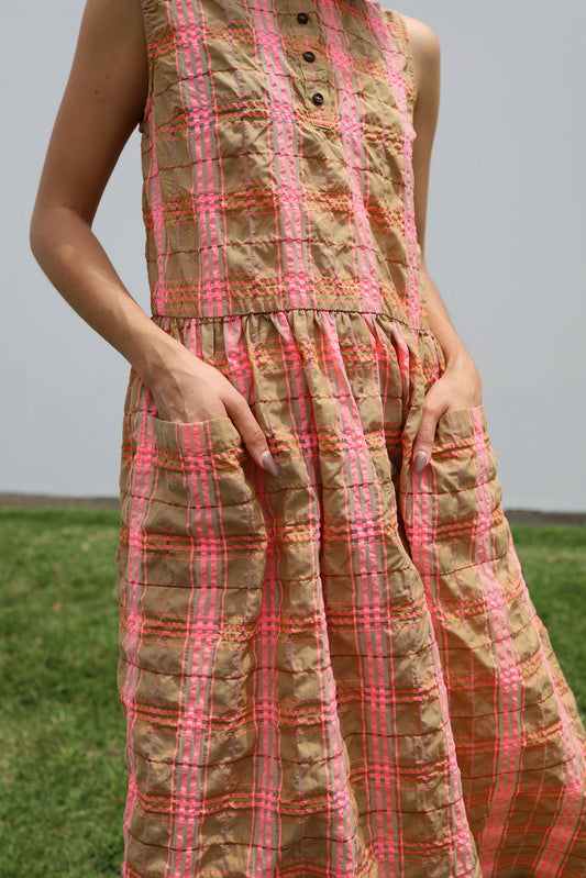 Andi Dress in Neon Pink & Toffee Plaid
