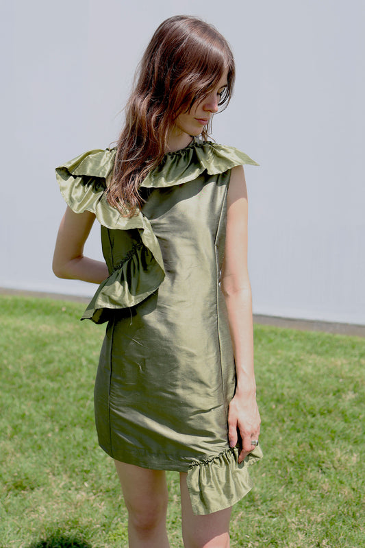 Birthday Dress in Sage Silk Dupioni