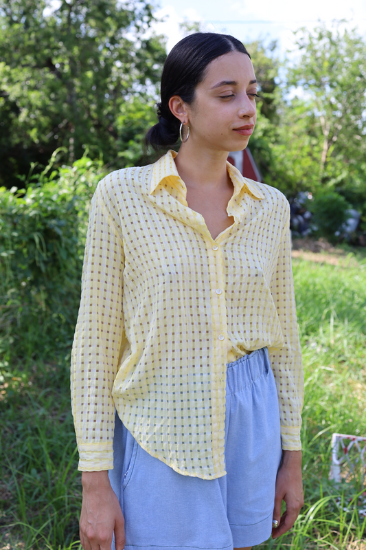 New Sara Button Down in Lemon Yellow Plaid Silk Cotton Blend